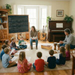 Dos profesores de música infantil con niños de entre 4 y 8 años